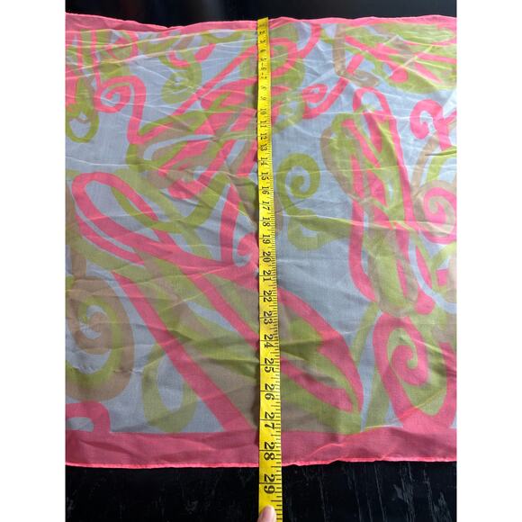 Vtg Square Scarf- C esandre Paris- Pink Yellow Abstract Design- 28.5" some wear - Picture 5 of 5
